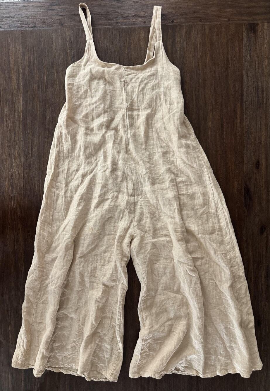 Puro Lino 100% Linen Jumpsuit Womens S/M Beige Wide Leg Crop Italy Puro Lino